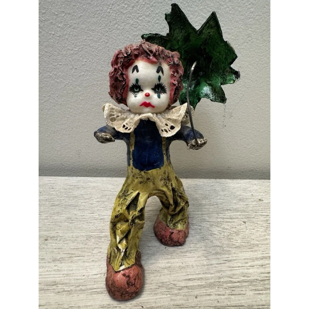Vintage Mexican Papier Mache Clown Figurine Holding Green Umbrella Folk Art
